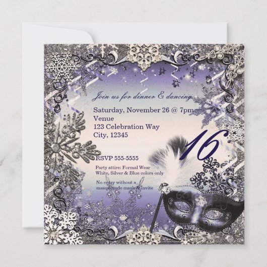 Paarse en zilvermaskerade en wintersneeuwvlokken kaart (Achterkant)