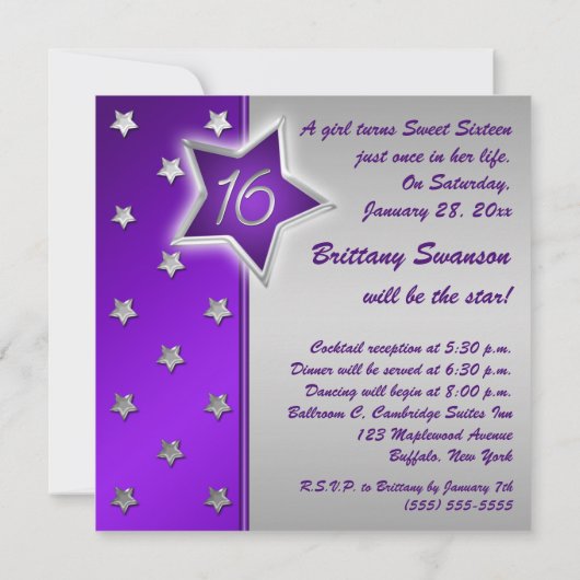 Paarse en zilversterren Sweet 16 Uitnodiging (Achterkant)