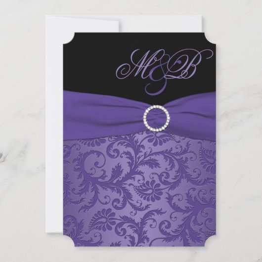 Paarse en zwarte Damask Monogrammed Invitation Kaart (Voorkant)