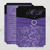 Paarse en zwarte Damask Monogrammed Invitation Kaart (Voorkant / Achterkant)