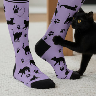 Paarse en Zwarte Gepersonaliseerde Kattenliefhebbe Sokken