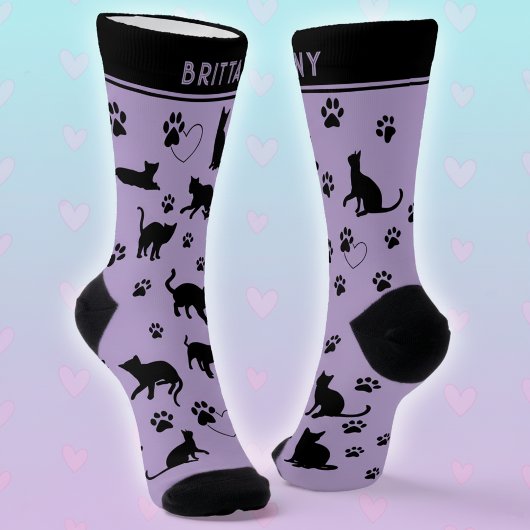 Paarse en zwarte gepersonaliseerde kattenliefhebbe sokken