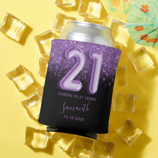 Paarse en zwarte glitter 21e verjaardag blikjeskoeler (Insitu Zomer)