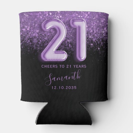 Paarse en zwarte glitter 21e verjaardag blikjeskoeler (Achterkant)
