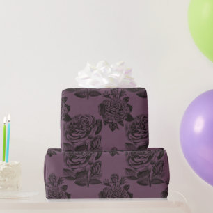 Paarse en Zwarte Gotische Rozen Patroon Halloween Cadeaupapier