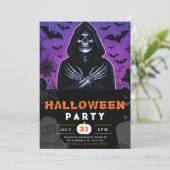 Paarse en zwarte Grim Reaper Skeleton Halloween Kaart (Staand voorkant)