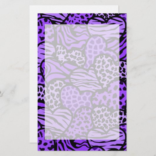 Paarse en zwarte meisjesachtige dierprint harten briefpapier (Voorkant / Achterkant)