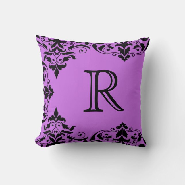 Paarse en zwarte monogram Damask Pillow Kussen (Voorkant)