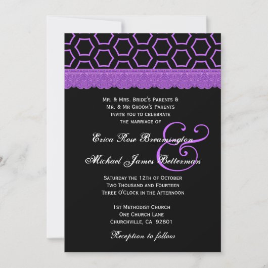 Paarse en zwarte Retro Lace Monogram Wedding V22 Kaart (Voorkant)