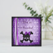 Paarse en zwarte Skulls lint & Glitter-uitnodiging Kaart (Staand voorkant)