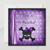 Paarse en zwarte Skulls lint & Glitter-uitnodiging Kaart (Voorkant)