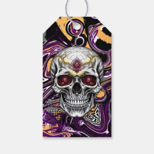Paarse en zwarte Sugar Skull Halloween Party Cadeaulabel (Voorkant)
