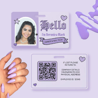 Paarse en Zwarte Y2k Personeelskaart met Foto Badge
