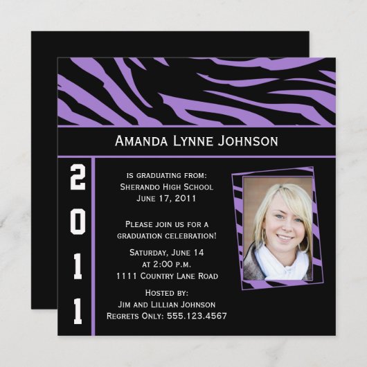 Paarse en zwarte zebra print Afstuderen uitnodigin Kaart (Voorkant / Achterkant)