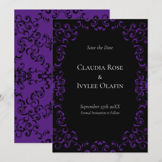 Paarse en zwarte zwitserse Gothic Wedding Kaart (Voorkant / Achterkant)