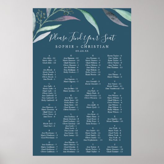 Paarse Eucalyptus Blue Alfabetical Seating Chart Poster (Voorkant)