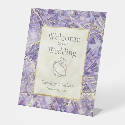 Paarse Euphoria Amethist Edelsteen bruiloft Reclamebord Met Voetstuk (Voorkant)
