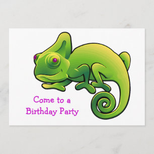 Paarse Eyed Lime Green Chameleon Birthday Party Kaart