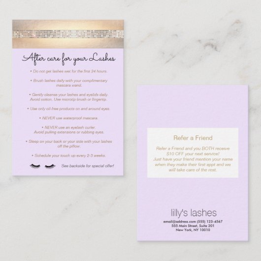 Paarse Eyelash Extensions nazorginstructies Aanbevelingskaartje (Voorkant / Achterkant)