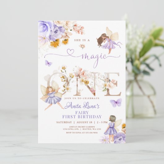 Paarse Fairy Magic ONE Verjaardag Vlinder Magisch Kaart (Staand voorkant)