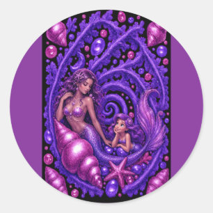 Paarse Fantasie Meermin Duo Oceaan Droom Kunst Pos Ronde Sticker