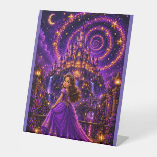 Paarse Fantasie Prinsessen Kasteel Kunst Magisch Reclamebord Met Voetstuk