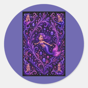 Paarse Fantasie Zeemeermin Glitter Oceaan Kunst Ronde Sticker