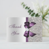 Paarse Faux Bow Silver Sequins Diamond Dank u Bedankkaart (Staand voorkant)