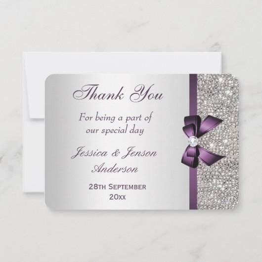Paarse Faux Bow Silver Sequins Diamond Dank u Bedankkaart (Achterkant)