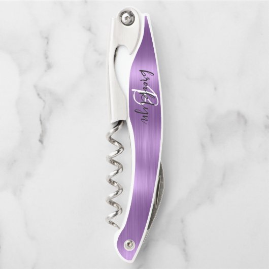 Paarse Faux Brushed Metal Monogram Script Kurkentrekker (Voorkant)