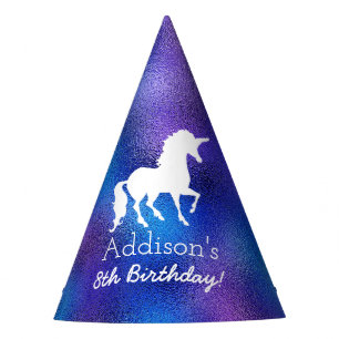 Paarse Faux Foil Unicorn Silhouette Girls Birthday Feesthoedjes