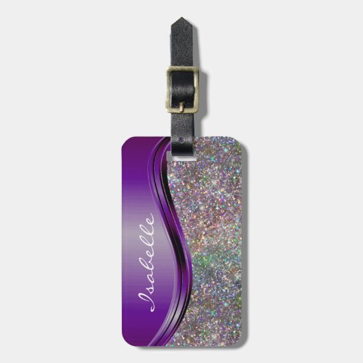 Paarse Faux Glitter Bling Personalized Rainbow Bagagelabel (Voorkant verticaal)
