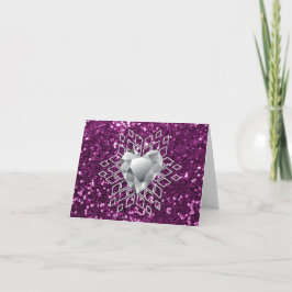 Paarse Faux Glitter Diamond Heart Snowflake Feestdagen Kaart