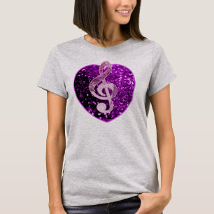 Paarse faux glitter hart Franse muziek Treble Clef T-shirt