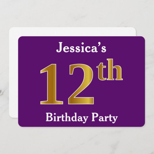 Paarse Faux Gold 12th Birthday Party; Eigen naam Kaart (Voorkant / Achterkant)