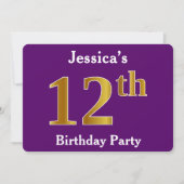 Paarse Faux Gold 12th Birthday Party; Eigen naam Kaart (Voorkant)