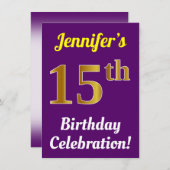 Paarse, Faux Gold 15e verjaardagsviering + naam Kaart (Voorkant / Achterkant)