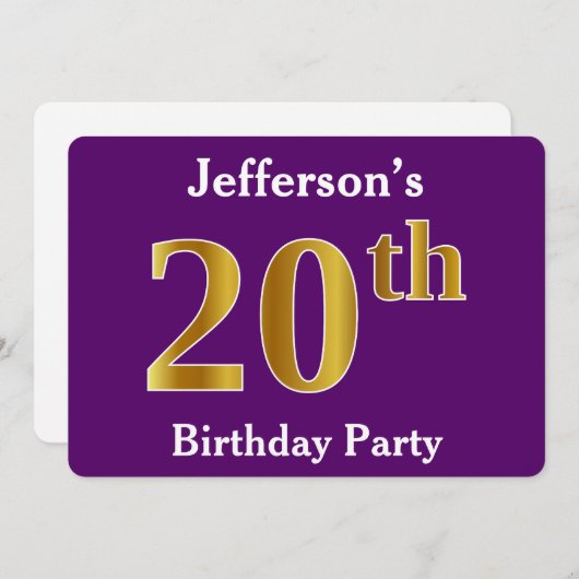 Paarse Faux Gold 20th Birthday Party; eigen naam Kaart (Voorkant / Achterkant)
