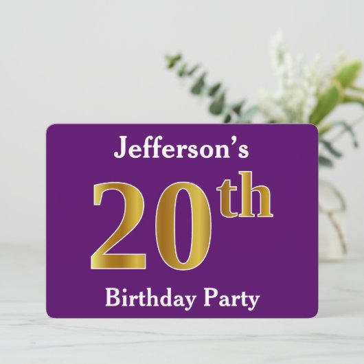 Paarse Faux Gold 20th Birthday Party; eigen naam Kaart (Staand voorkant)
