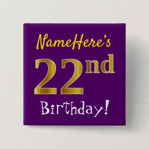 Paarse Faux Gold 22e verjaardag, met aangepaste na Vierkante Button 5,1 Cm