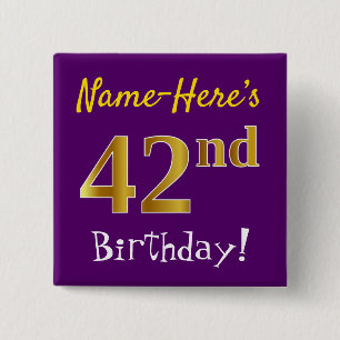 Paarse, Faux Gold 42e verjaardag, met aangepaste n Vierkante Button 5,1 Cm