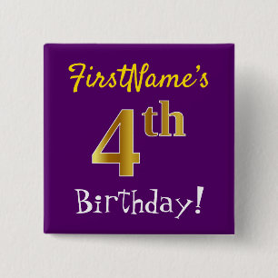 Paarse, Faux Gold 4e verjaardag, met op naam Vierkante Button 5,1 Cm