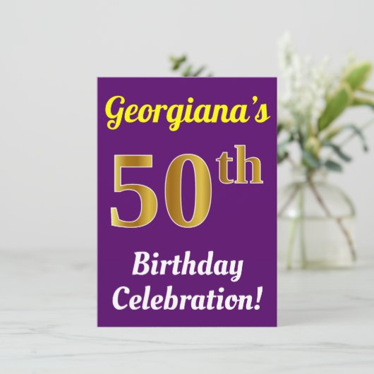 Paarse, Faux Gold 50ste verjaardagsviering + naam Kaart (Staand voorkant)