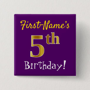 Paarse, Faux Gold 5th Birthday, met aangepaste naa Vierkante Button 5,1 Cm