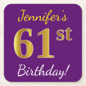 Paarse Faux Gold 61st Birthday + Aangepaste naam Vierkante Kartonnen Onderzetter (Voorkant)