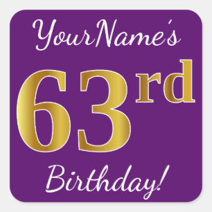 Paarse Faux Gold 63rd Birthday + Aangepaste naam Vierkante Sticker