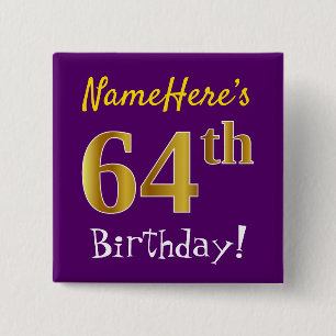 Paarse Faux Gold 64e verjaardag, met op naam Vierkante Button 5,1 Cm