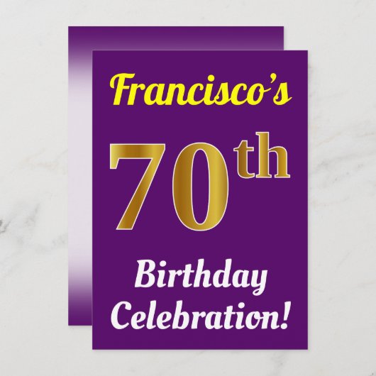 Paarse, Faux Gold 70ste verjaardagsviering + naam Kaart (Voorkant / Achterkant)