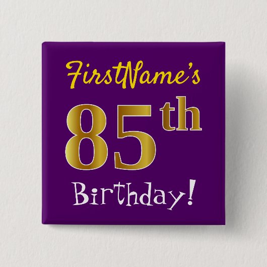 Paarse Faux Gold 85th Birthday, met aangepaste naa Vierkante Button 5,1 Cm (Voorkant)