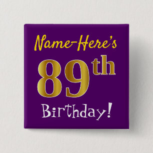 Paarse Faux Gold 89th Birthday, met aangepaste naa Vierkante Button 5,1 Cm